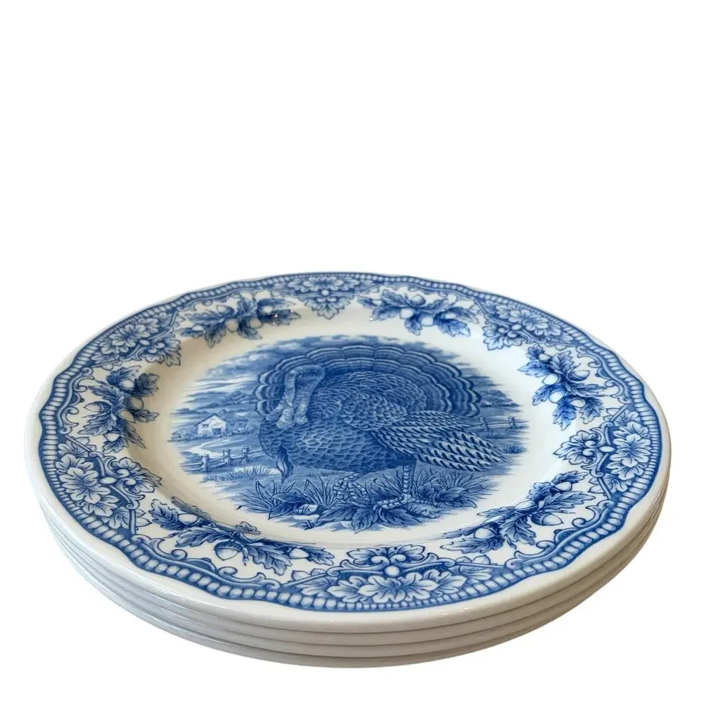 Royal Stafford Thanksgiving TURKEY Dinner Plates 11in Set of 4 Blue NEW